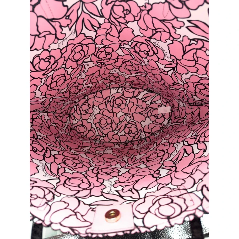 Victorias Secret Black Saffiano Scalloped Tote Bag Bombshell Floral Lining NEW